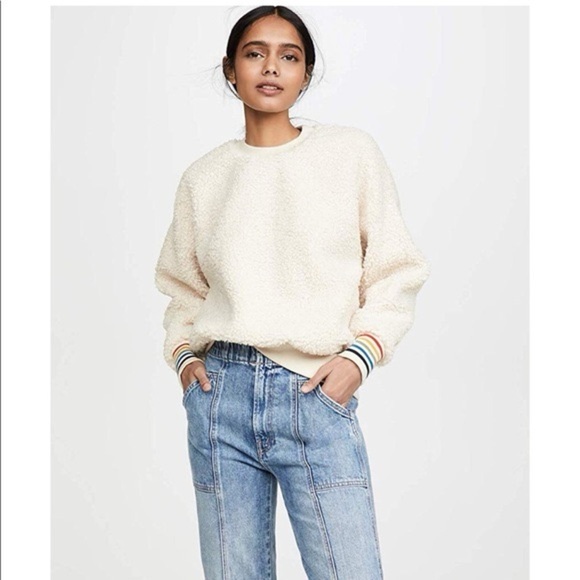 Sundry Faux Sherpa fuzzy Oversized Sweatshirt Rainbow cuff - Picture 1 of 9